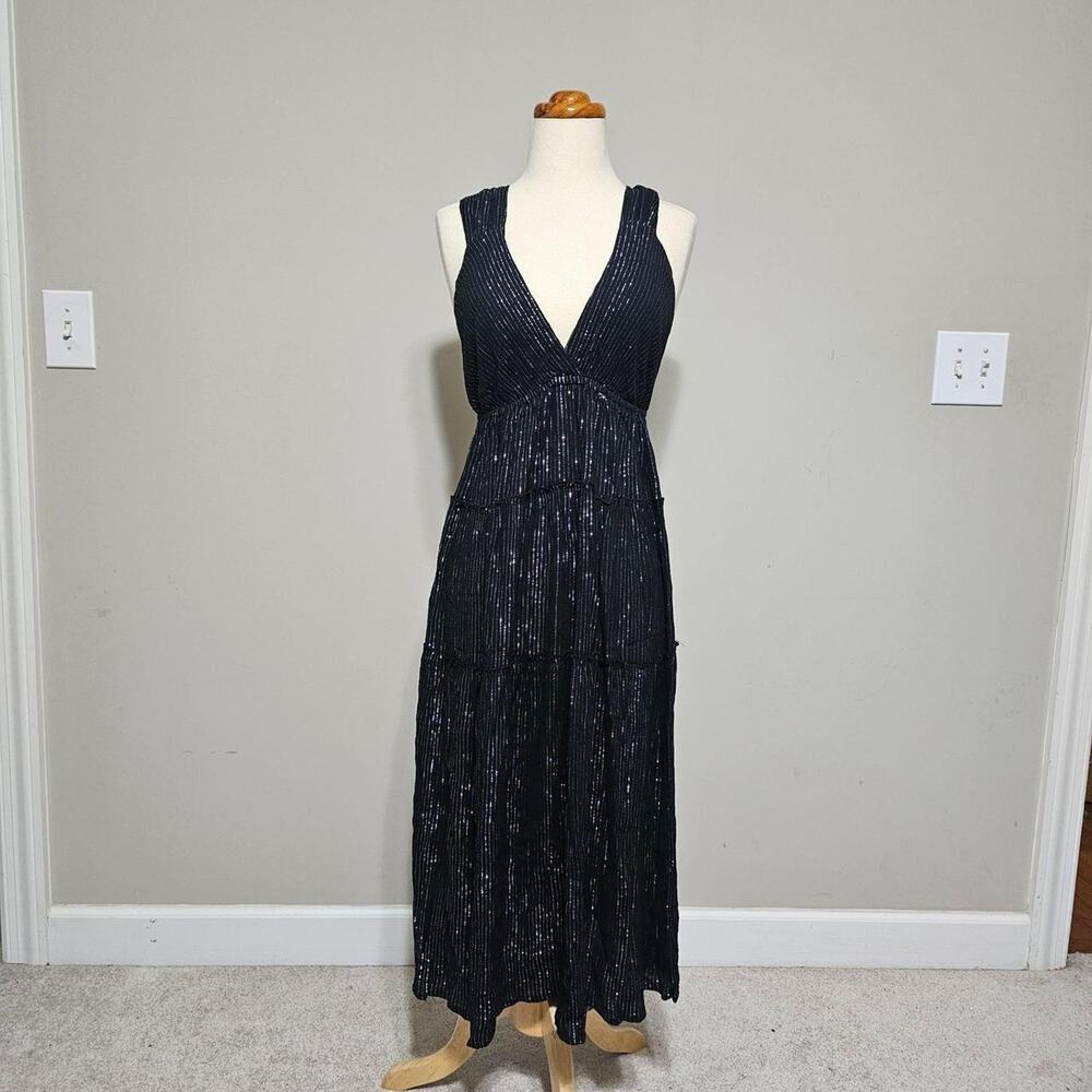 Salty Lemon Black Shimmer Tiered Midi Dress Sz L Low Back Cocktail Party Boho
